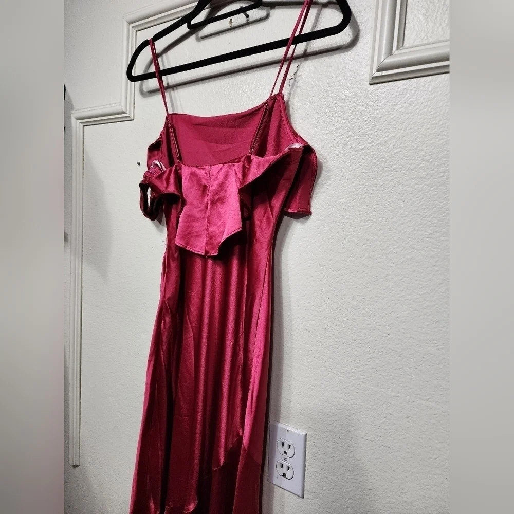 Lulus Enchanting Aesthetic Magenta Satin Asymmetrical Maxi Dress S Wedding Prom